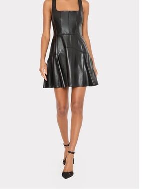 “New with Tags” Milly Black Vegan Leather Fit & Flare Mini Dress
